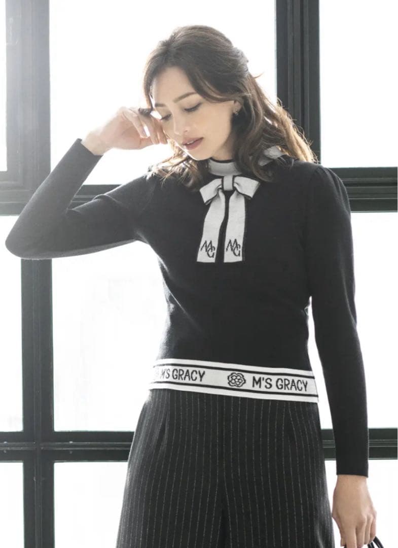 M's Gracy リボン付き黒ニットセーター　40♡美品