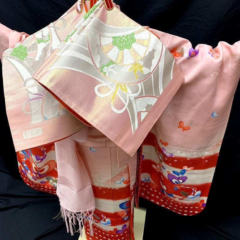 507ag26□七五三 七歳 女児 着物&袋帯&長襦袢 蝶 星の地紋□美品
