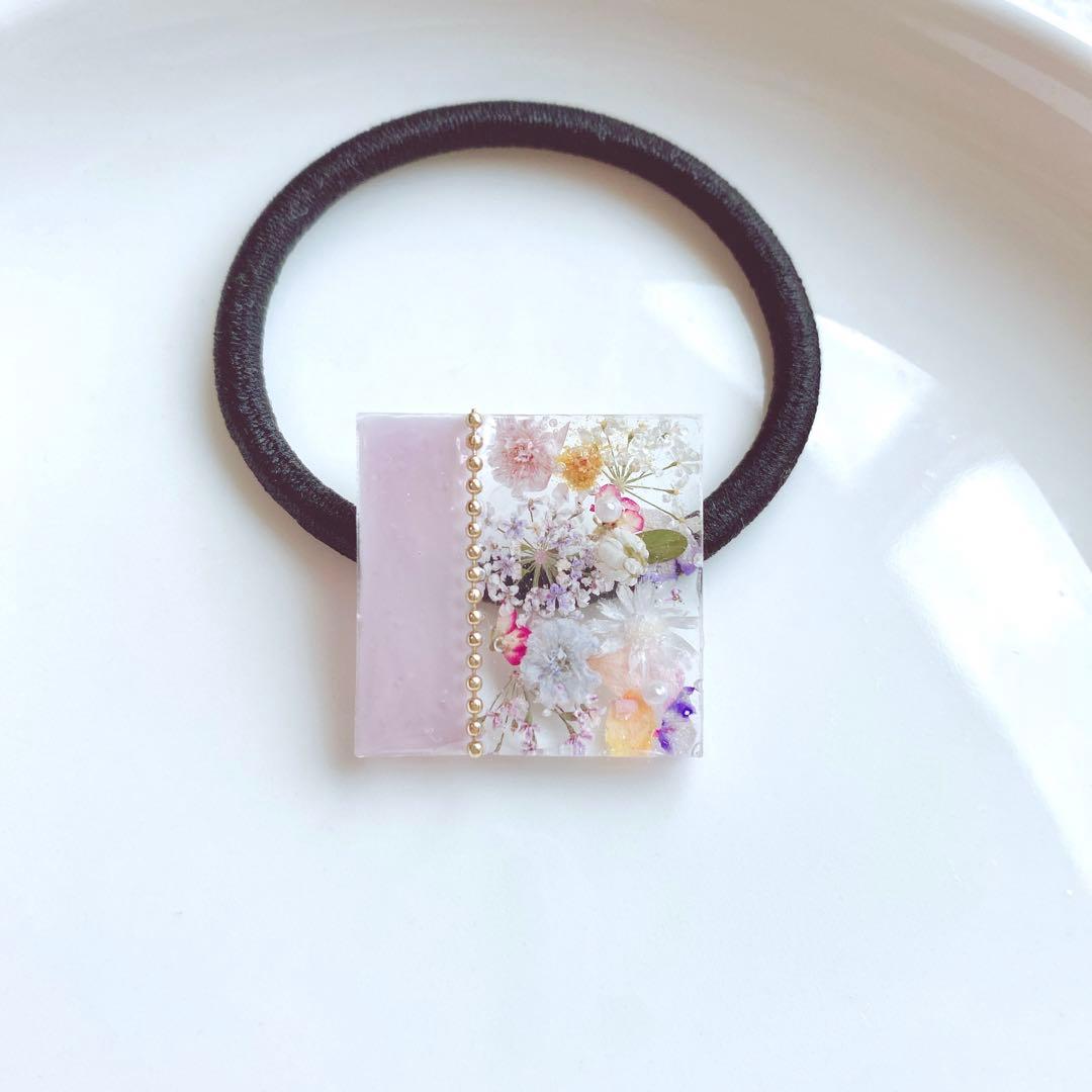 レジンヘアゴム　バイカラー　バラ　かすみ草　ミモザ　ラベンダー