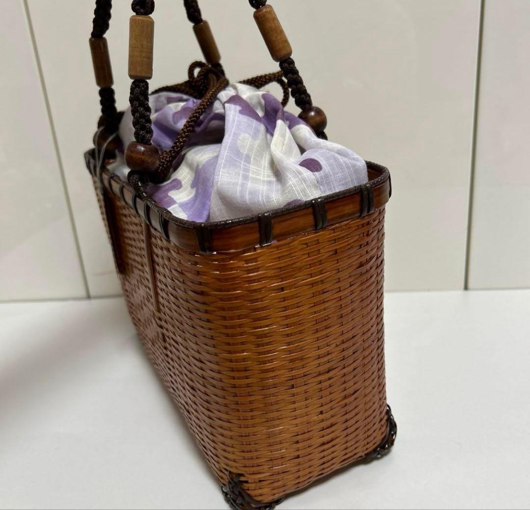 かごバック　かごバッグ　竹 竹製 浴衣ゆかた　麻生地の袋付き　京都　衿秀
