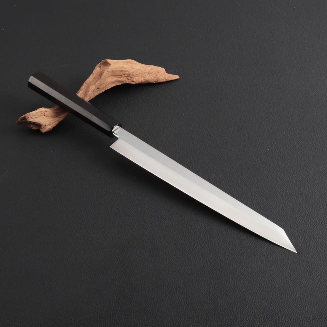 8743切付柳刃包丁9寸鏡面仕上げ刺身包丁 刃は究極の切れ味 黒檀黒水牛角八角柄