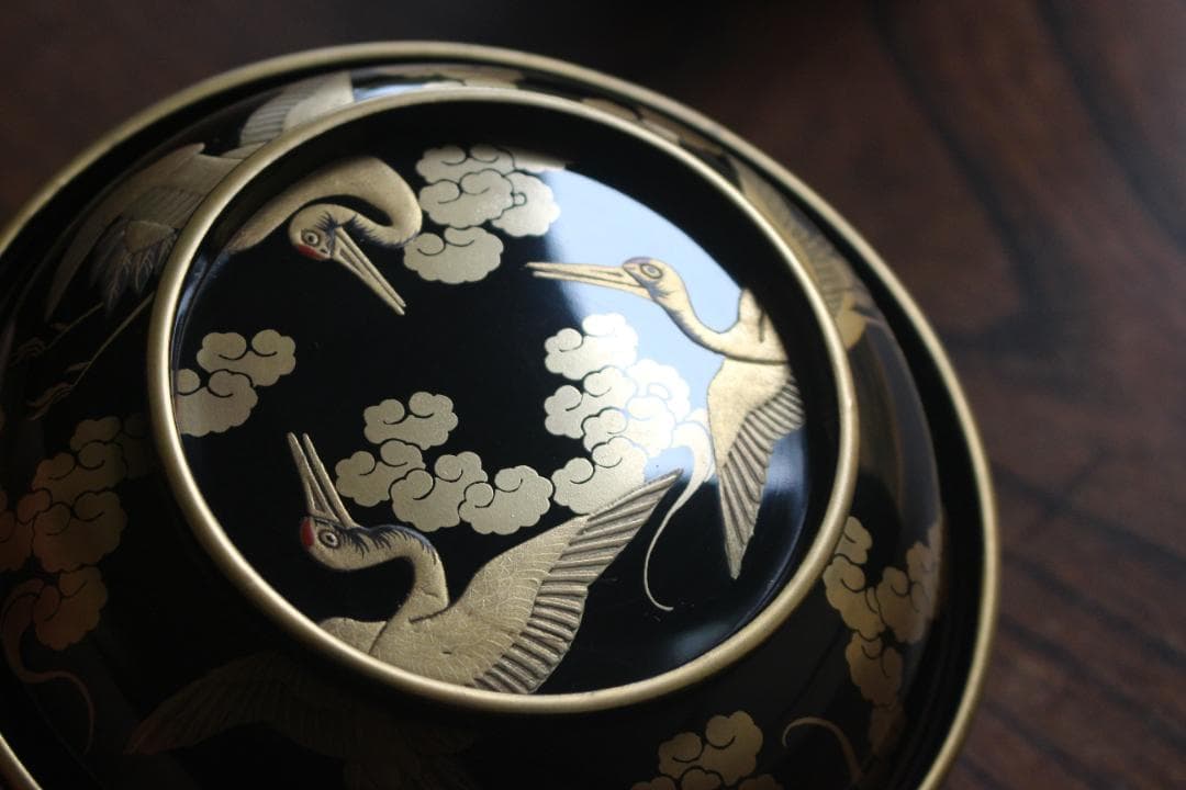 高台縁傷のみ！時代金縁黒漆に極上雲鶴蒔絵の映える煮物椀2点（検京塗輪島塗雑煮椀