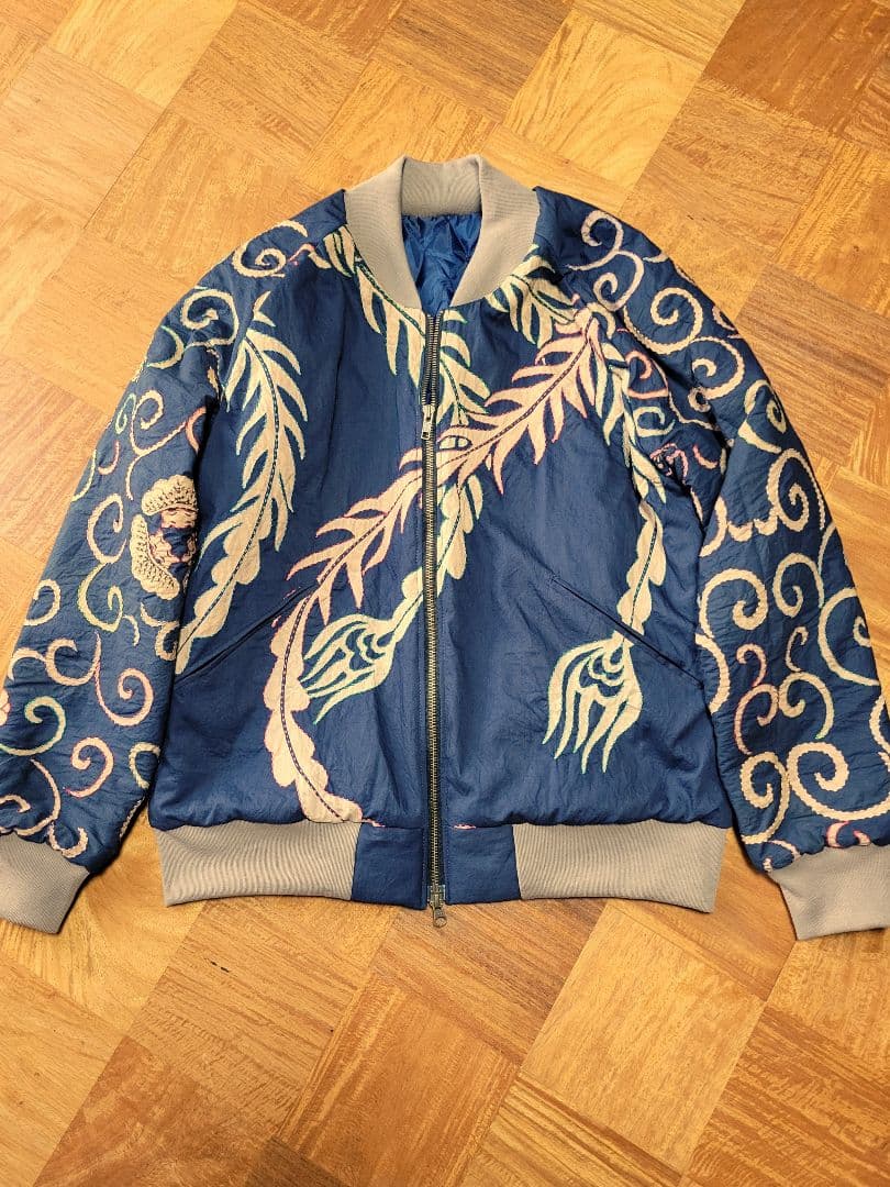 め0127古布リメイク木綿幟旗柿渋染刺し子ジップアップ鳳凰スカジャンハンドメイド