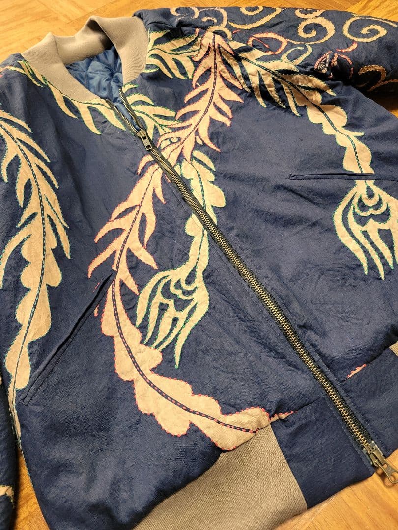 め0127古布リメイク木綿幟旗柿渋染刺し子ジップアップ鳳凰スカジャンハンドメイド