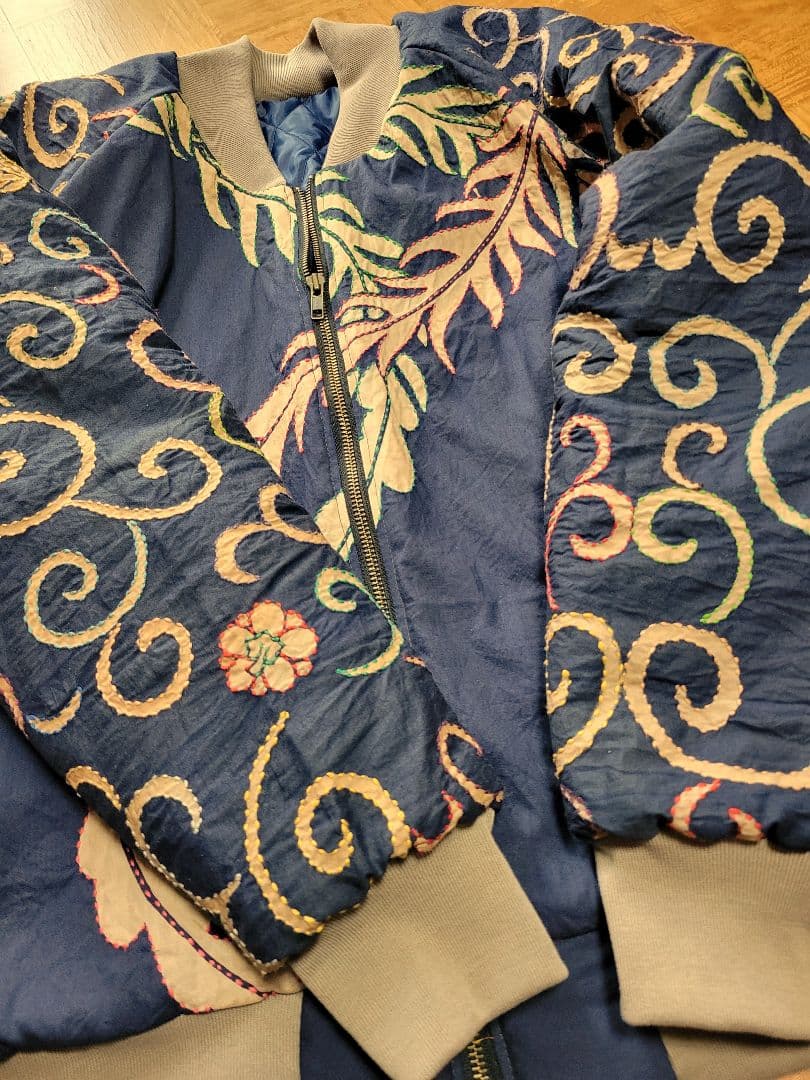 め0127古布リメイク木綿幟旗柿渋染刺し子ジップアップ鳳凰スカジャンハンドメイド