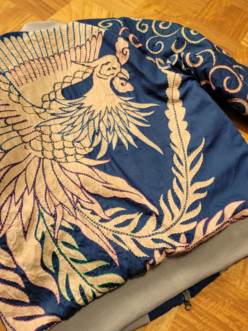 め0127古布リメイク木綿幟旗柿渋染刺し子ジップアップ鳳凰スカジャンハンドメイド