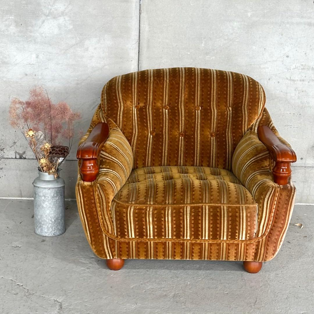 ★70s★昭和レトロ 応接ソファ｜純喫茶風 ストライプ ベロア 木肘アームチェア