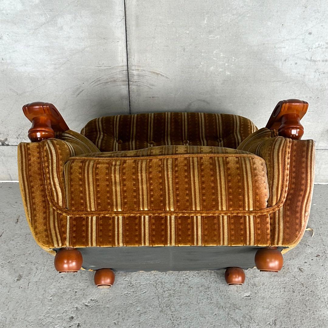 ★70s★昭和レトロ 応接ソファ｜純喫茶風 ストライプ ベロア 木肘アームチェア