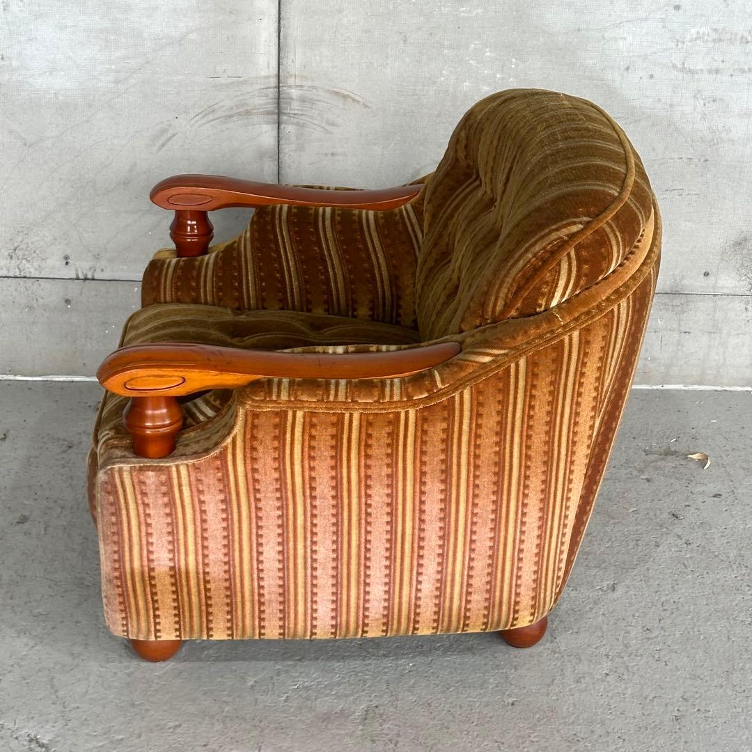 ★70s★昭和レトロ 応接ソファ｜純喫茶風 ストライプ ベロア 木肘アームチェア