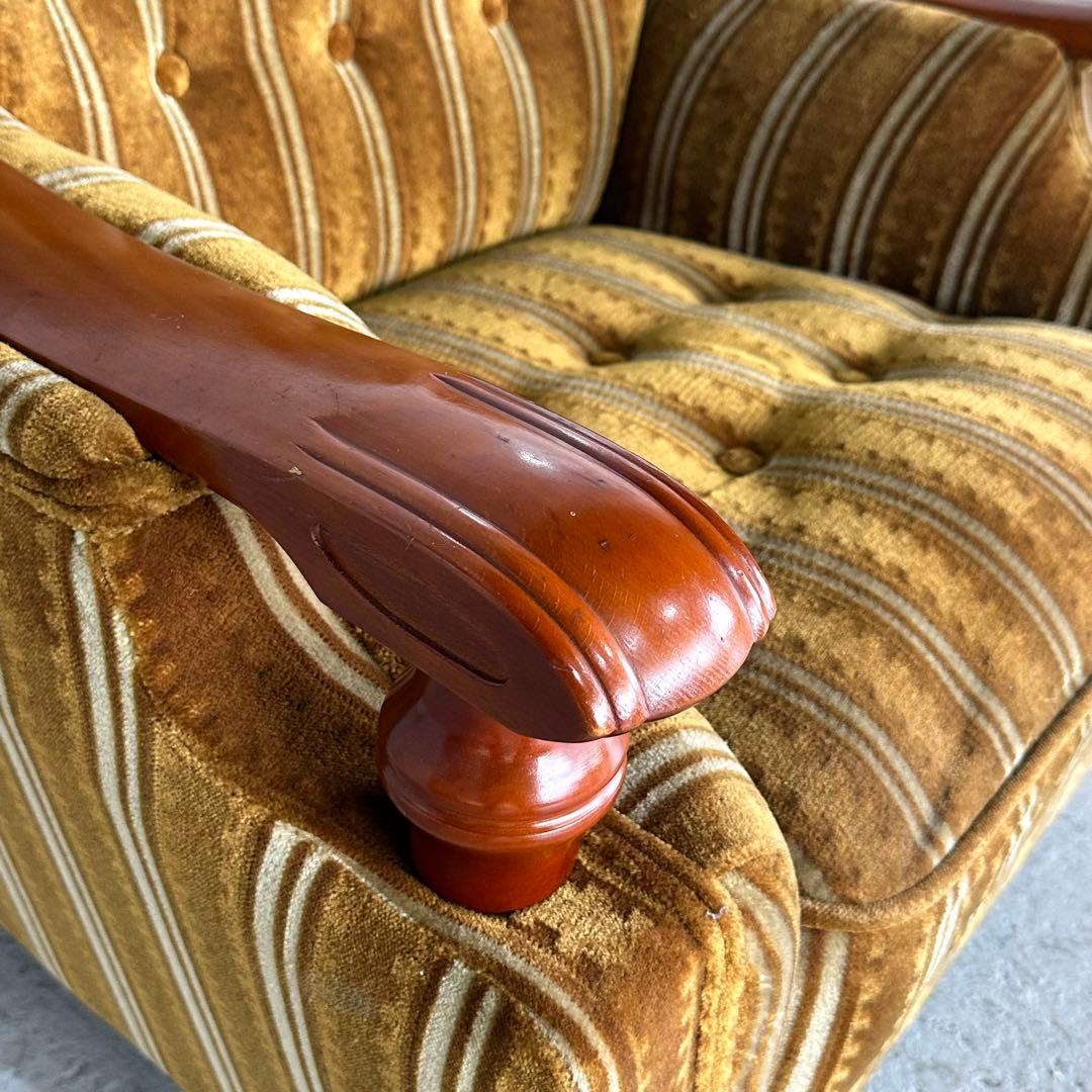 ★70s★昭和レトロ 応接ソファ｜純喫茶風 ストライプ ベロア 木肘アームチェア