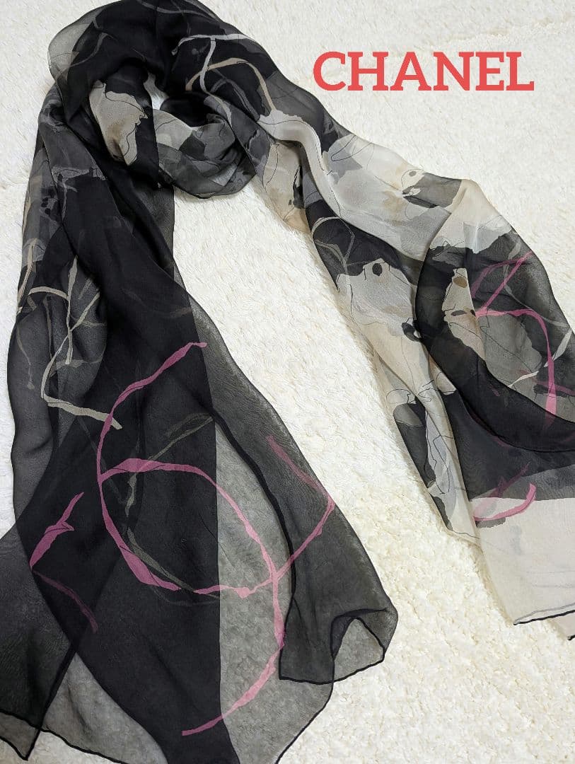 CHANEL　シフォン花柄スカーフ❦
