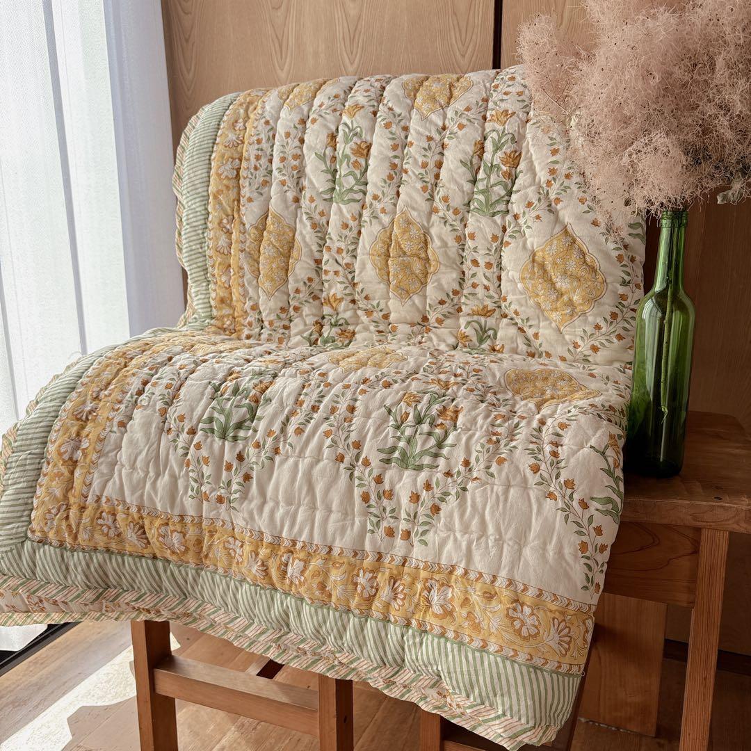 未使用※大判　インド ブロックプリント 中綿入りキルト ベビーイエロー　カバー