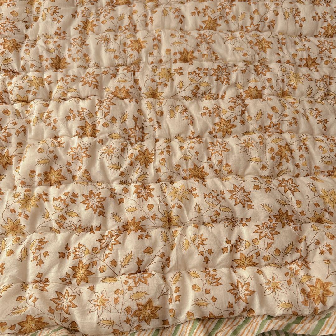 未使用※大判　インド ブロックプリント 中綿入りキルト ベビーイエロー　カバー