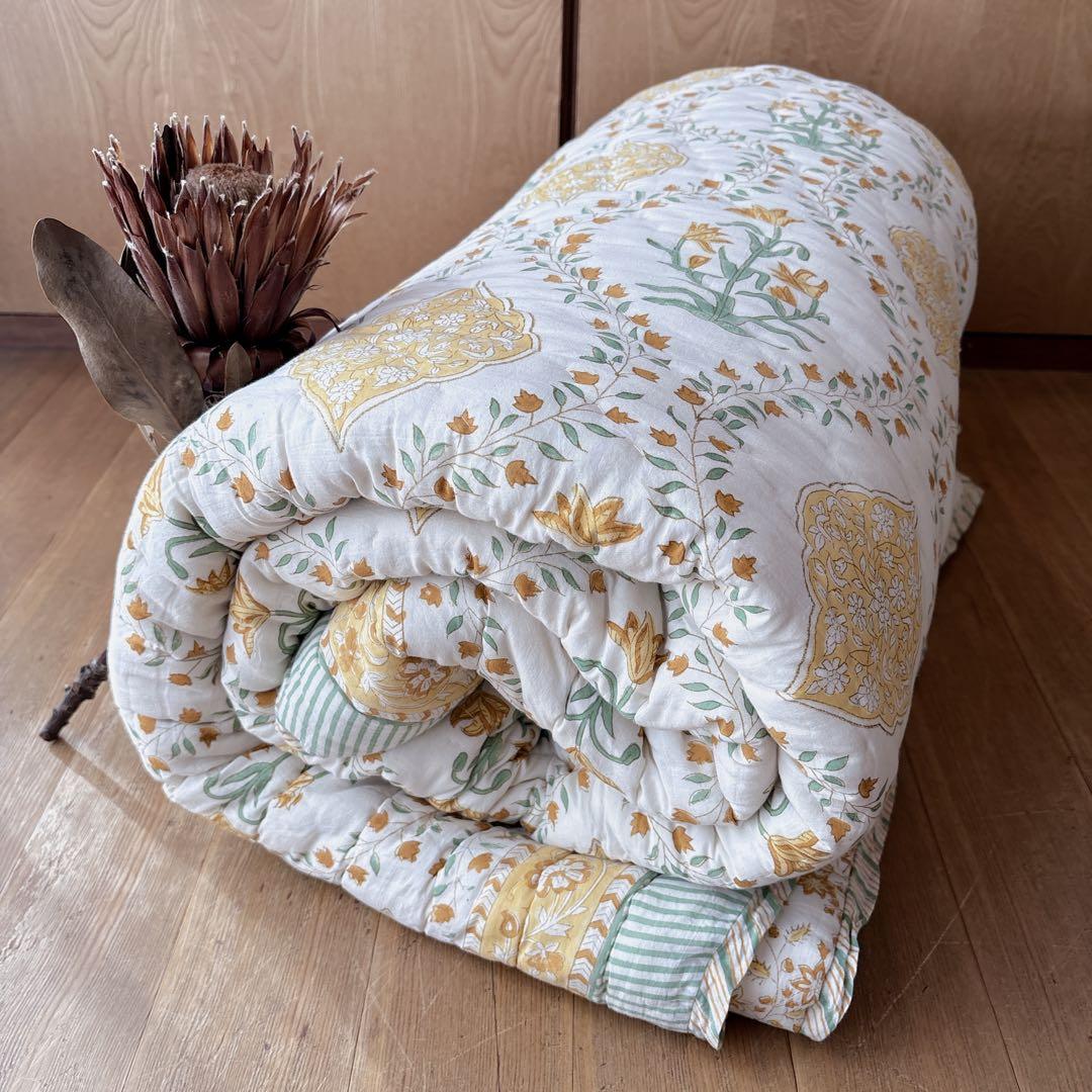 未使用※大判　インド ブロックプリント 中綿入りキルト ベビーイエロー　カバー