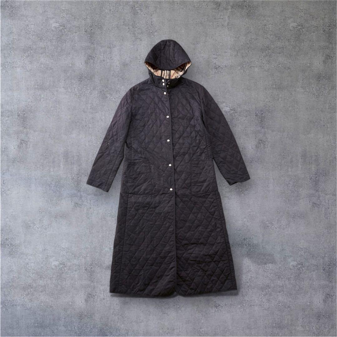 BurberryLondonノバチェック裏地フード付き ロングコートキルティング