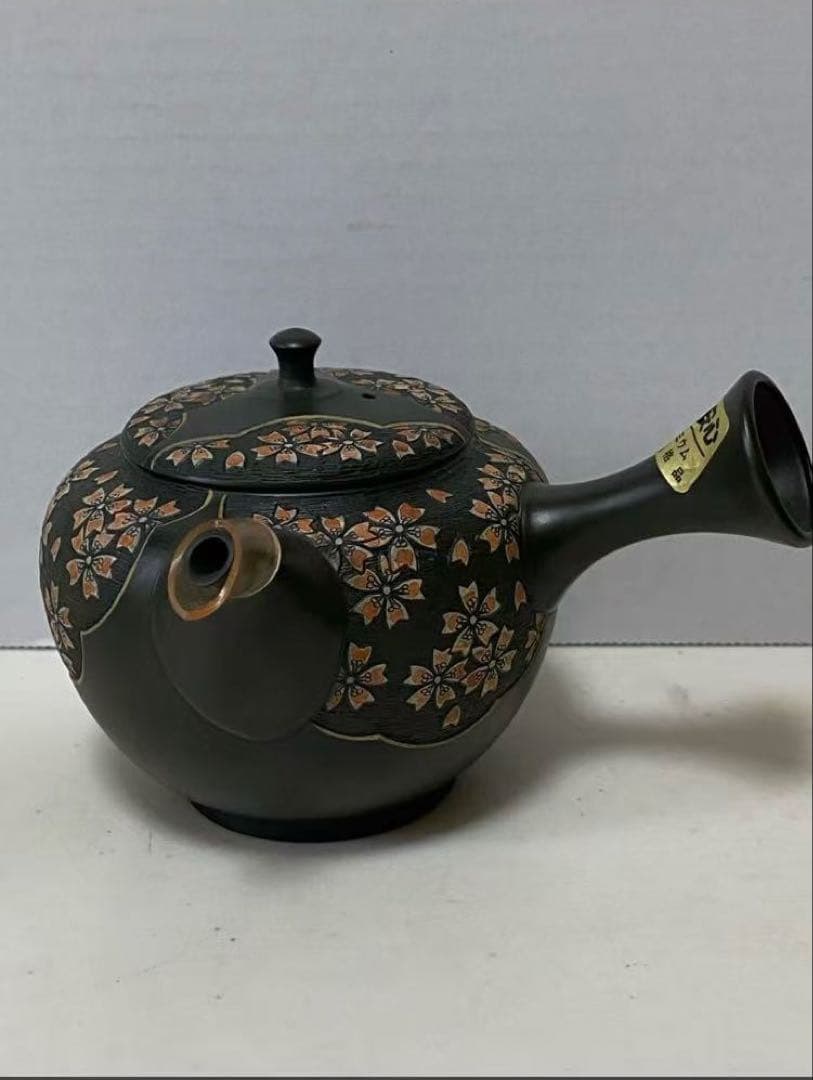 13号 緑泥丸形桜彫急須舜園 常滑燒 陶磁器 二代間野舜園 在銘