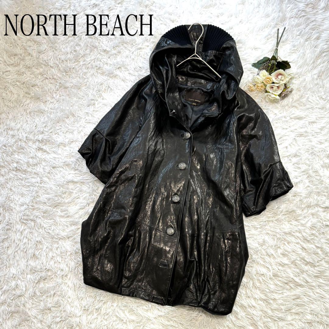 NORTH BEACHノースビーチ　フード付きレザーコート　ブラック　ラム