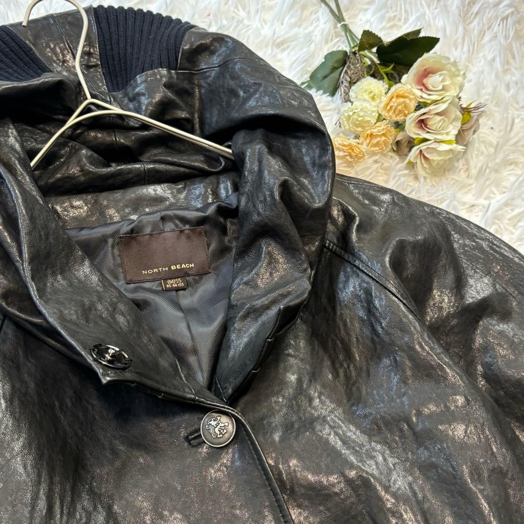 NORTH BEACHノースビーチ　フード付きレザーコート　ブラック　ラム