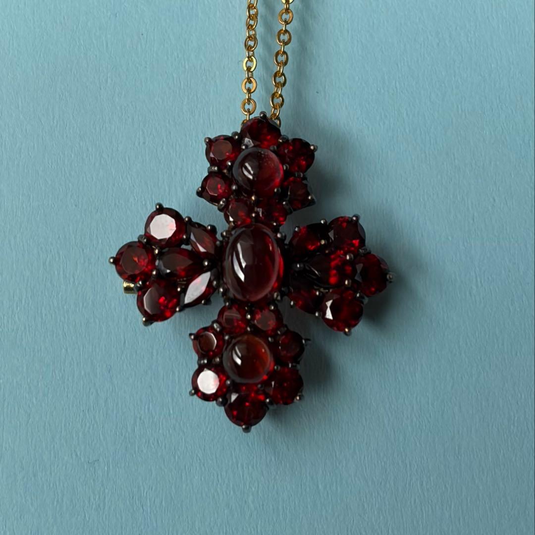 碌山　ロクザン　ヴィンテージ風　十字架　ブローチ　ガーネット　ペンダントトップ