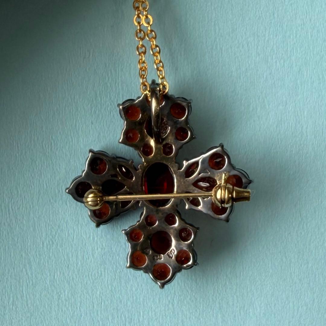 碌山　ロクザン　ヴィンテージ風　十字架　ブローチ　ガーネット　ペンダントトップ