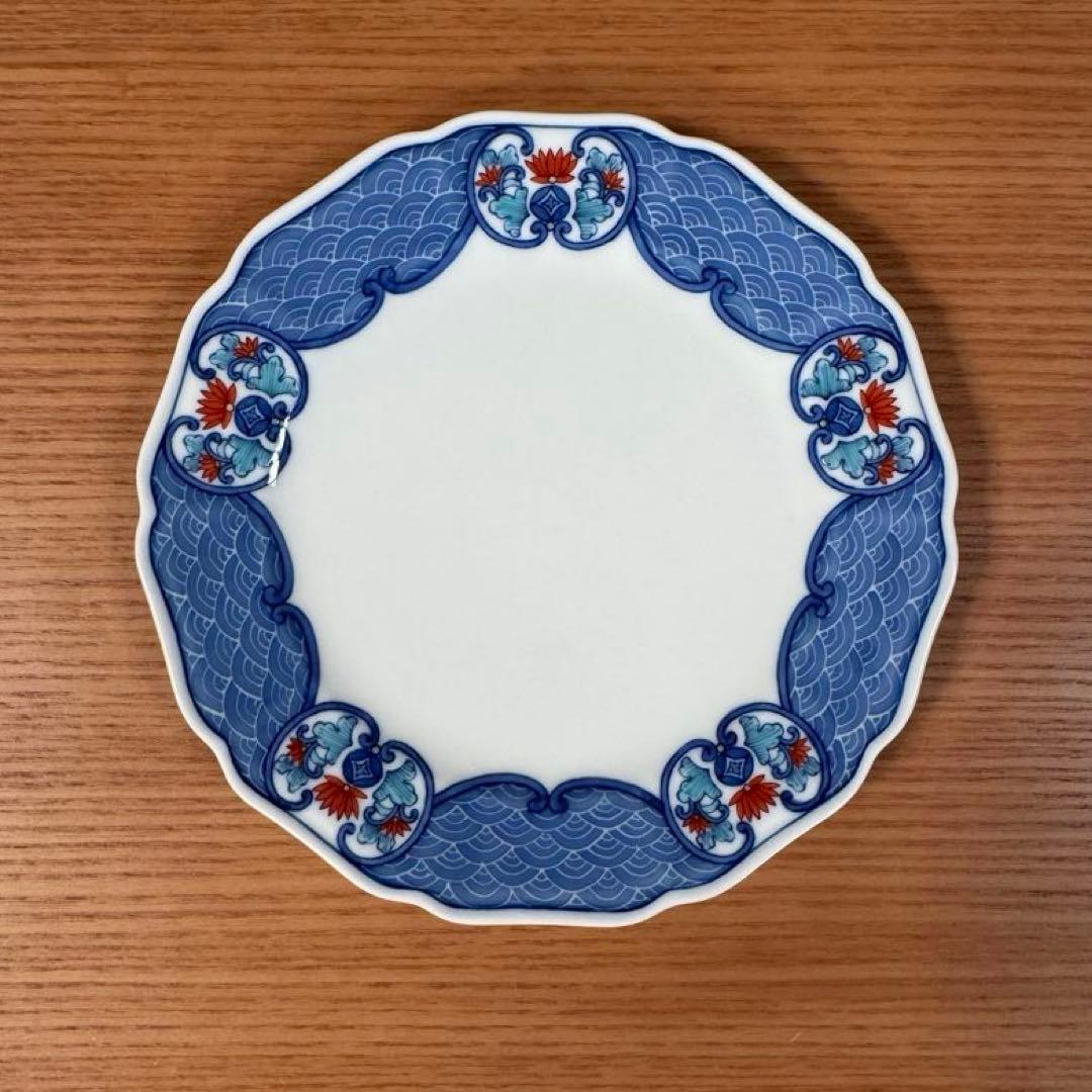 伊万里焼 畑萬陶苑：色絵墨弾き青海波唐花紋 木瓜型5寸皿 5枚組☆