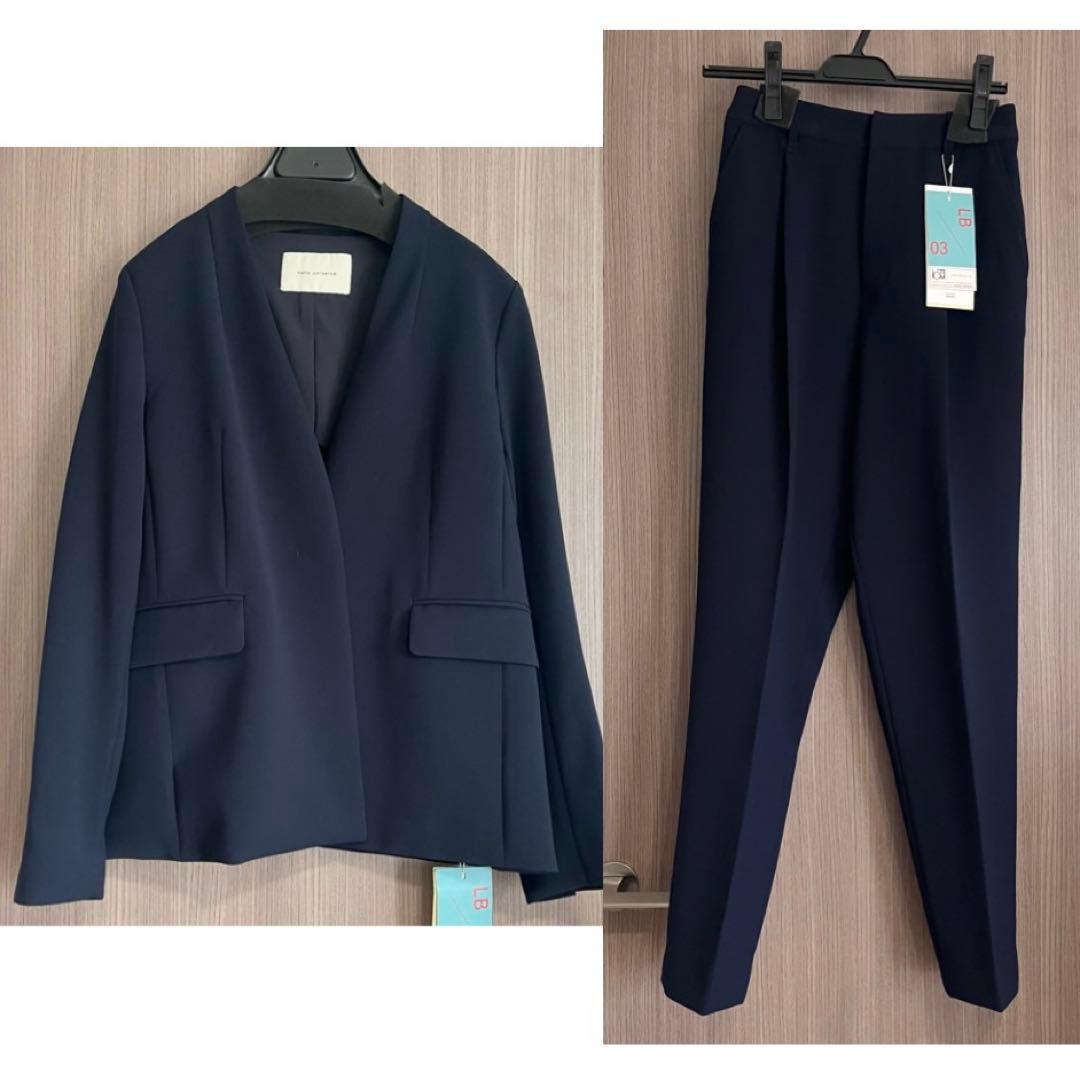 NANO universe ネイビー ノーカラーパンツスーツセット