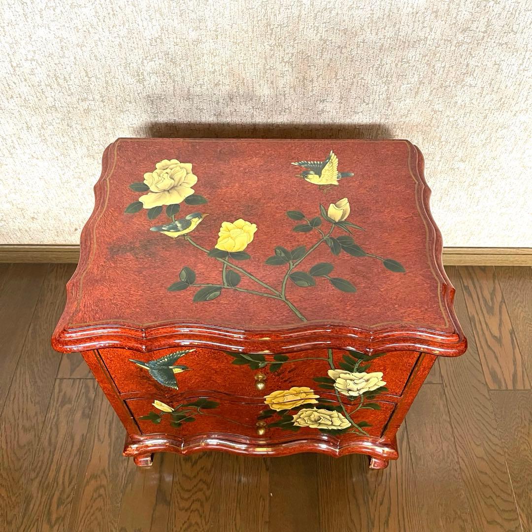 【ヴィンテージ・キャビネット】40X56X58 赤花と鳥の装飾箪笥　アジアン家具