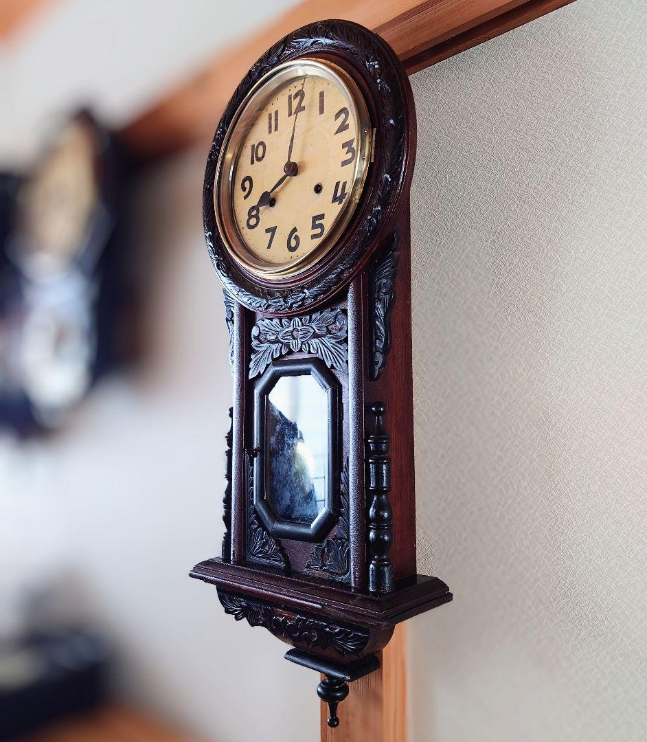 〈稼働・美品〉横浜エムズイ商会　鎌倉彫り装飾ひまわり型ゼンマイ振り子時計　古時計