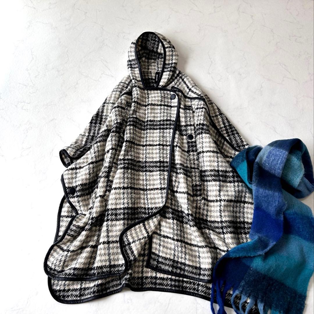 未使用級 アウラアイラ AULA AIL チェック ウール ロングポンチョコート