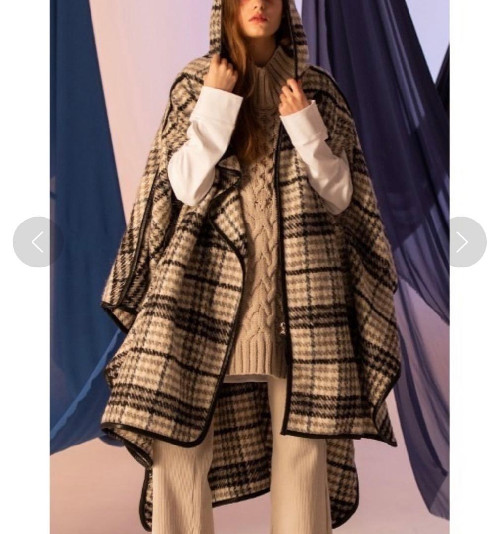 未使用級 アウラアイラ AULA AIL チェック ウール ロングポンチョコート