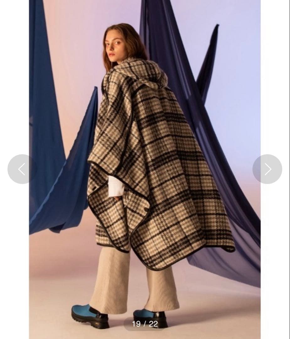 未使用級 アウラアイラ AULA AIL チェック ウール ロングポンチョコート