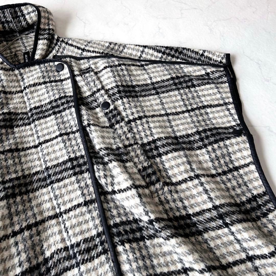 未使用級 アウラアイラ AULA AIL チェック ウール ロングポンチョコート