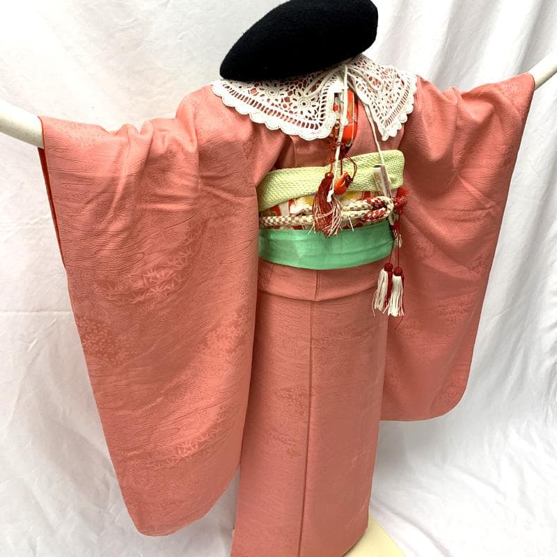 504ag5□七五三 七歳 女児 着物&袋帯&長襦袢 色無地 地紋入り□美品