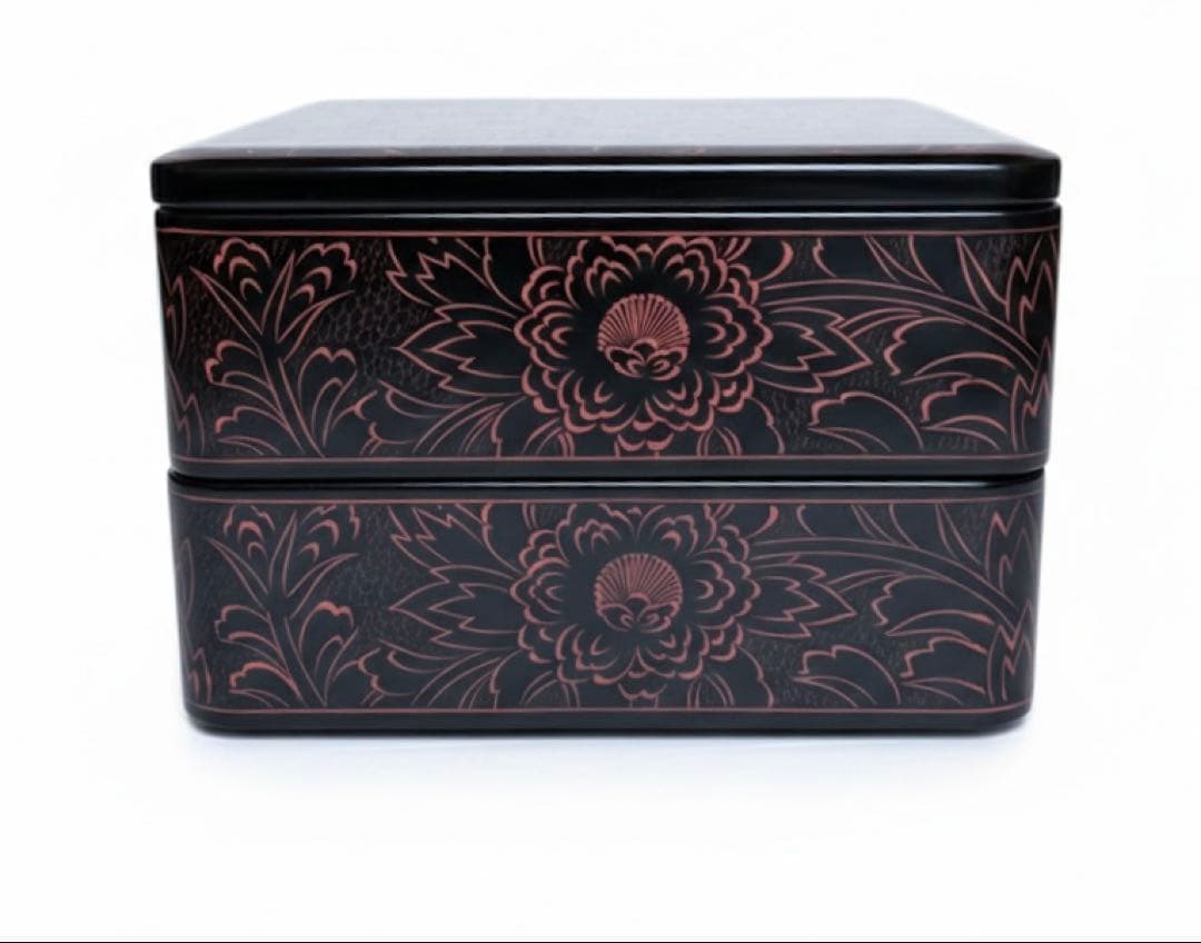 【極美品】高級 輪島塗 二段重箱 6.5寸 朱の菊文様 共箱付 本漆 天然木