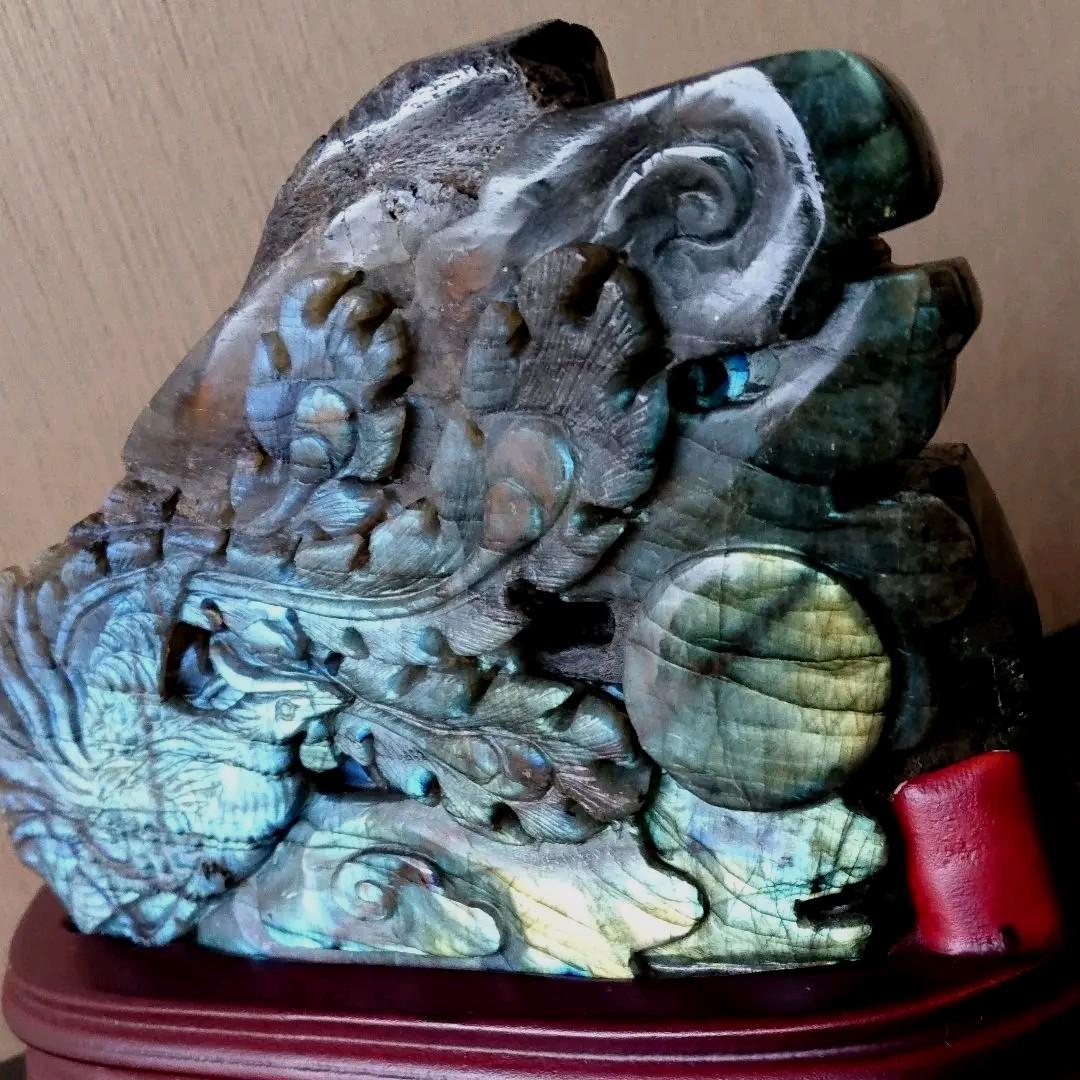 鳳凰 手彫り ラブラドライト 天然石 パワーストーン 石 置物 インテリア