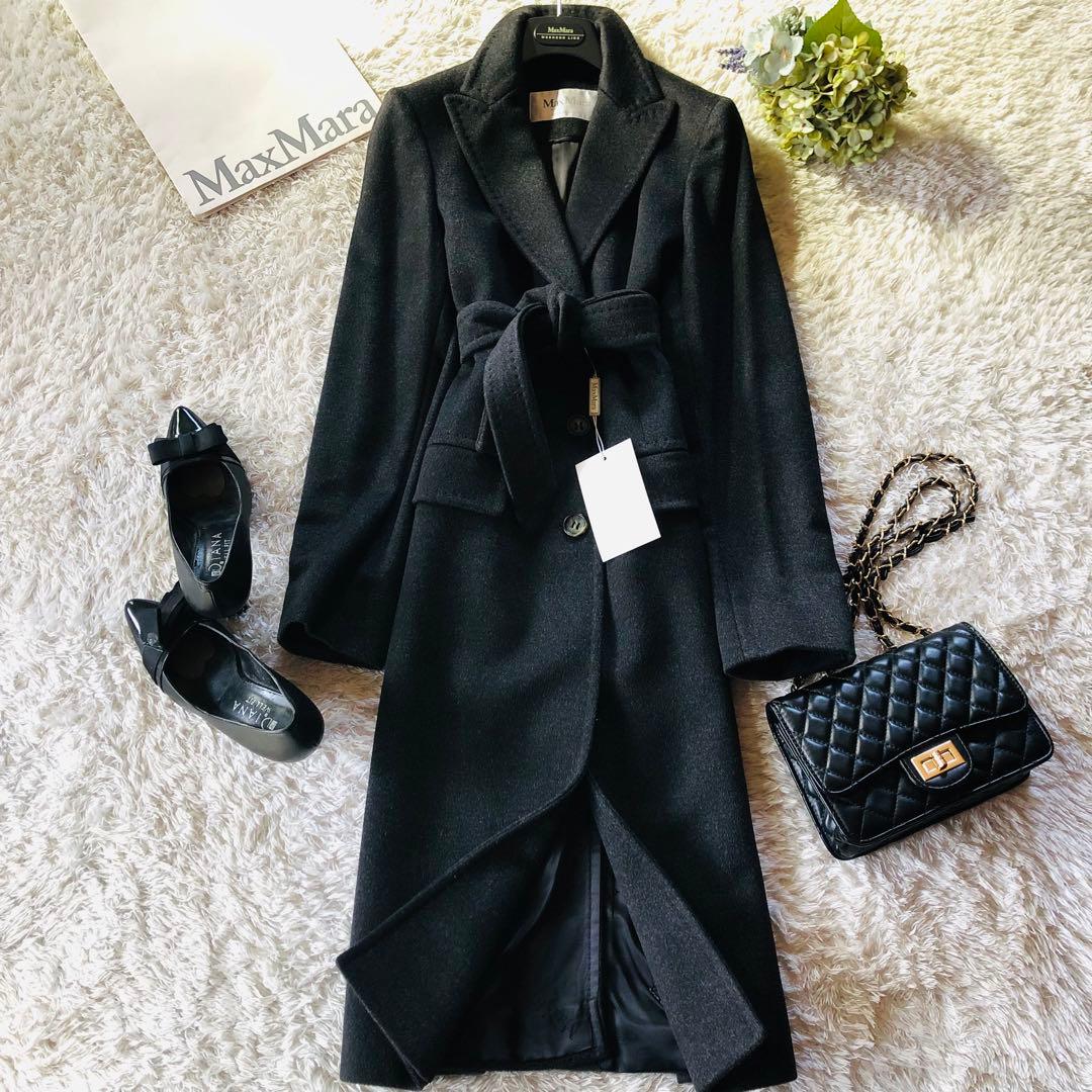 未使用 ✨マックスマーラ ベルテッドコート カシミヤ100% 女優襟 濃灰 40