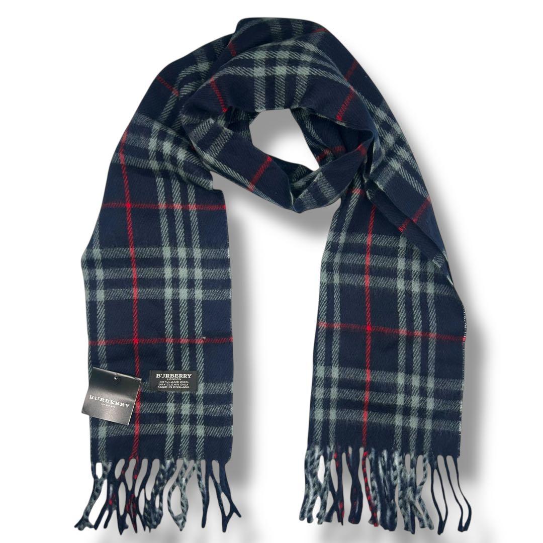 BURBERRY チェック柄マフラー ラムウール ネイビー