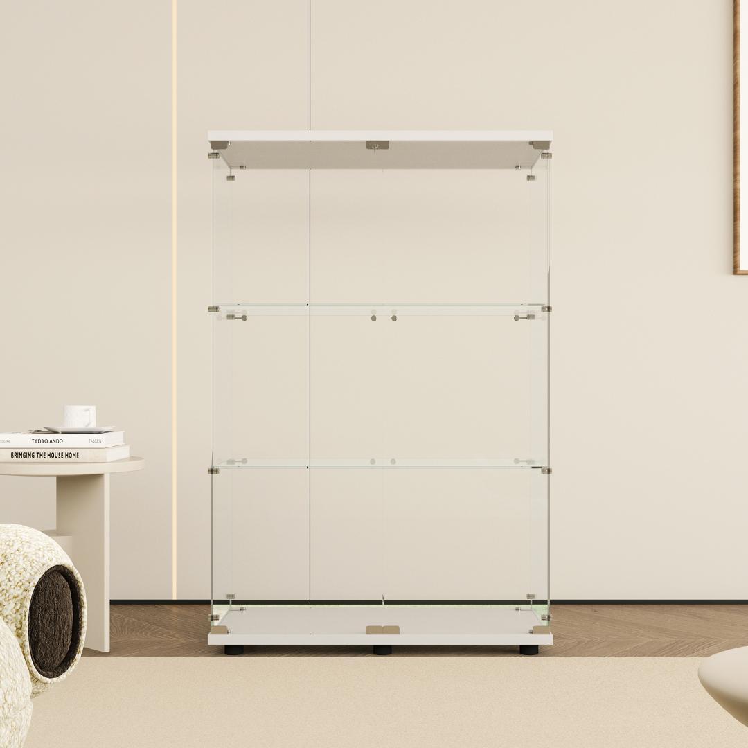 【新品】人気No.1！3段ワイドガラスケース白｜支柱なし全面ガラス｜フィギュア棚