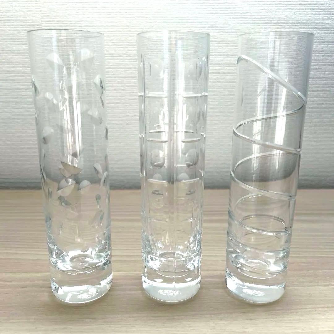 バカラ☆クリスタルガラス 花模様エッチング花瓶3点セット