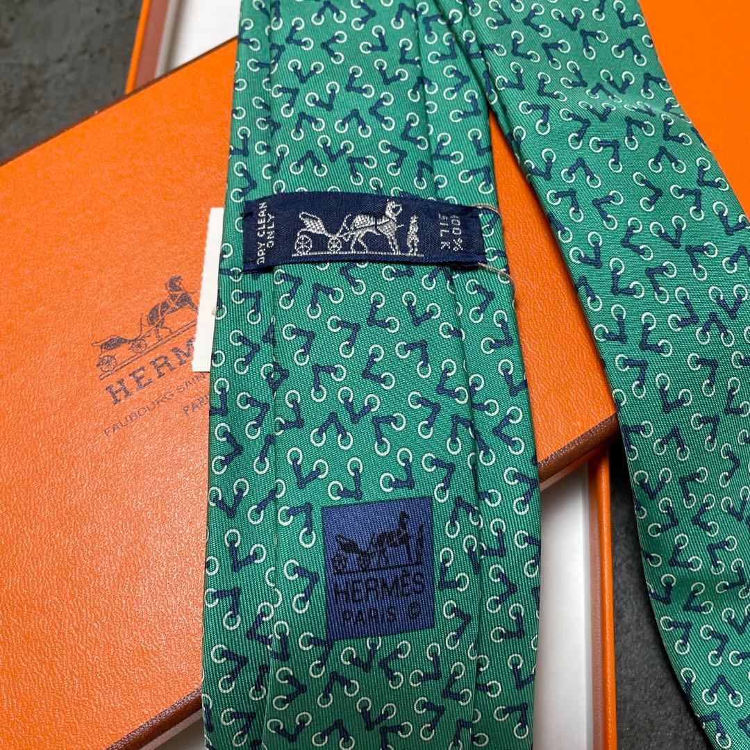 HERMES ネクタイ シルク グリーン系 ネイビー