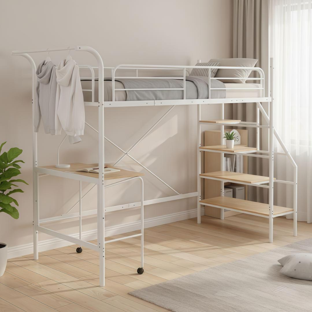 大人気✨！ロフトベッド（S）コンセント・デスク付きスチール 耐震　WHITE