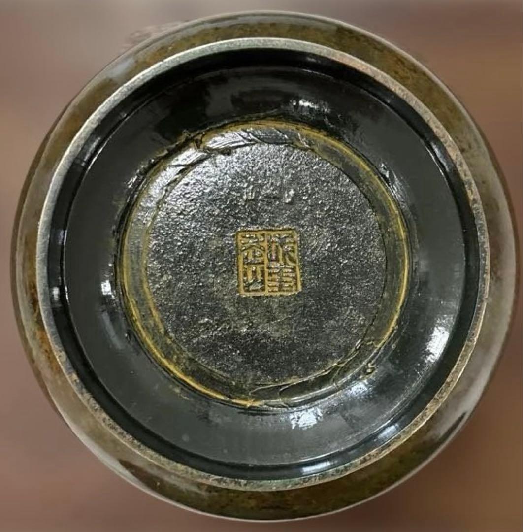 高岡銅器 青銅 饕餮文 双耳花瓶 獣耳 飾壺 骨董 伝統工芸