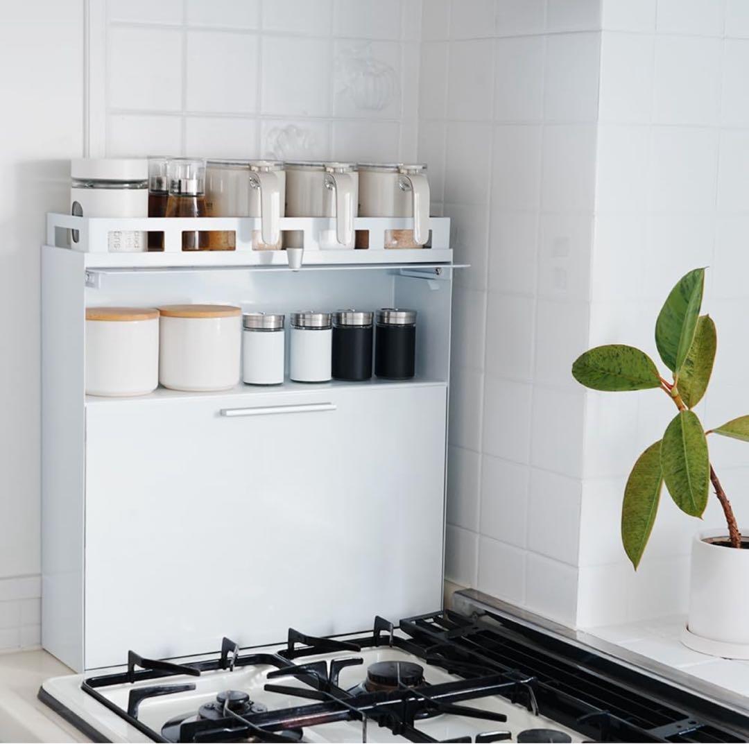 値下げ　アウトレット隠せる調味料ラック 前が開く 完成品 (ホワイト) おしゃれ