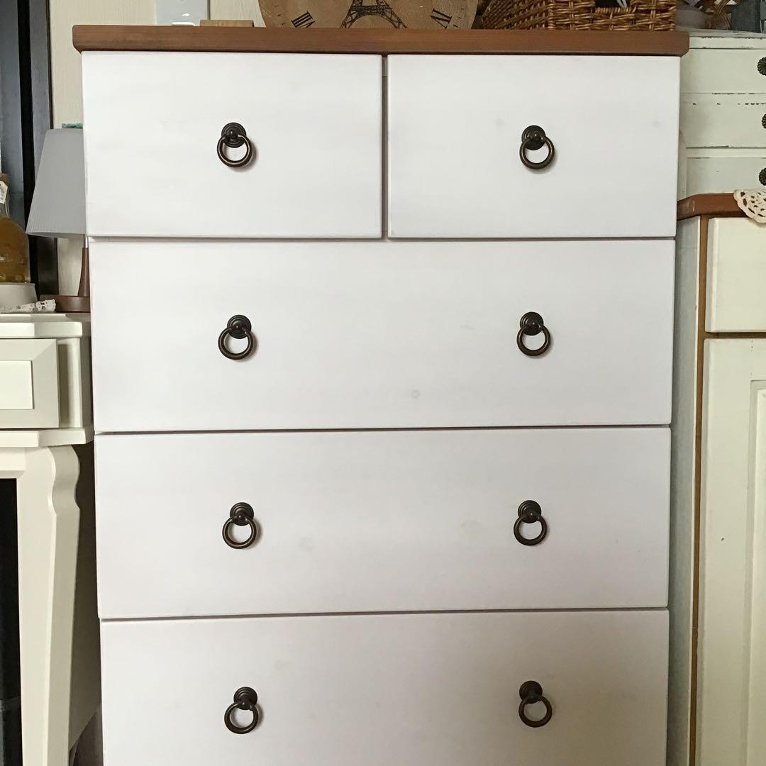 フレンチカントリー ホワイト木製チェスト 6引き出し 5段 ツートン