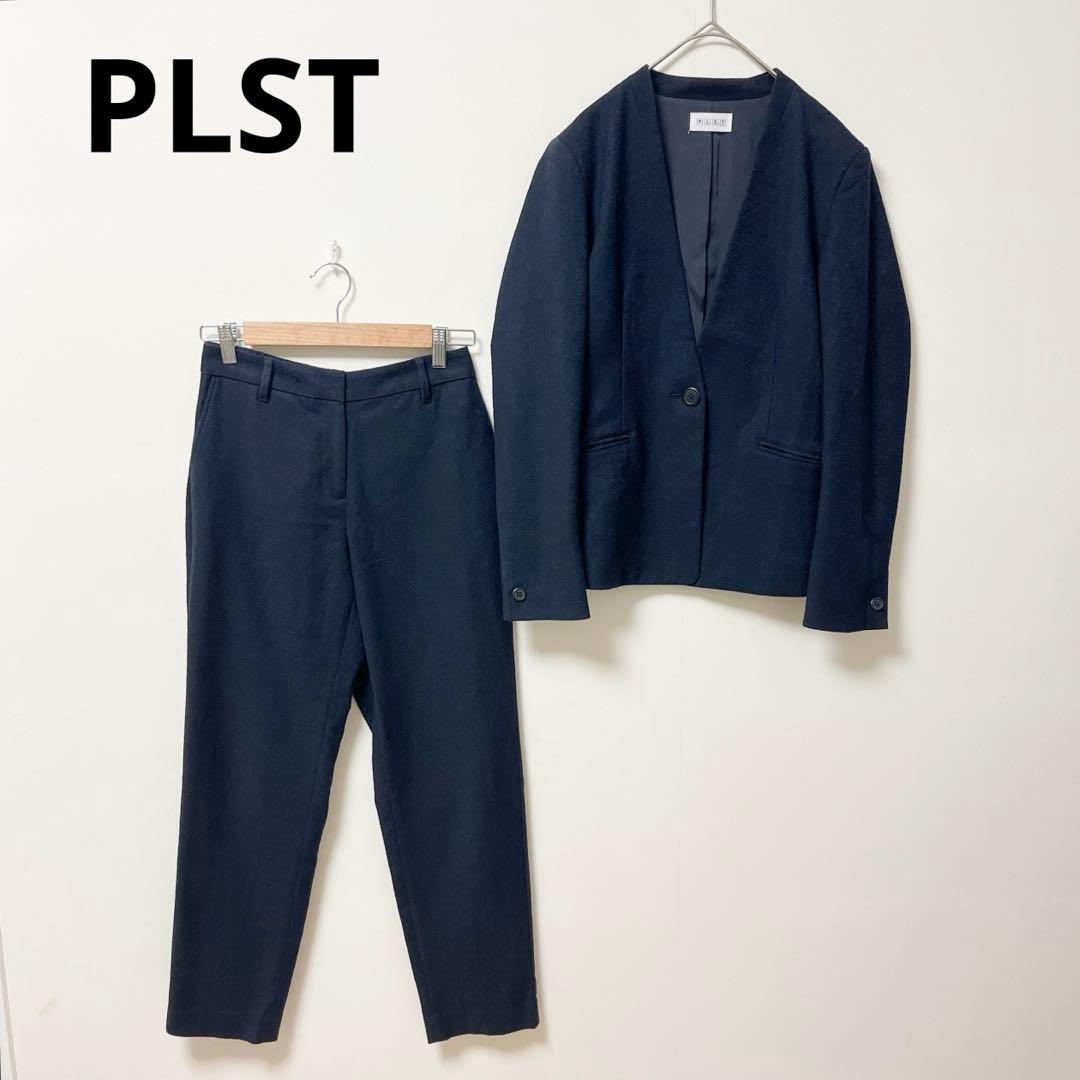 PLST　セットアップ　レディース　M　ノーカラー　パンツスーツ　ネイビー