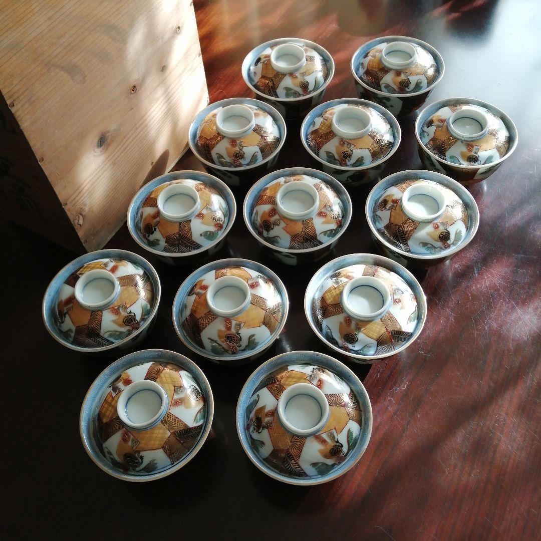 美濃焼　染付色絵蓋付碗　13客　11.3cm　大正期