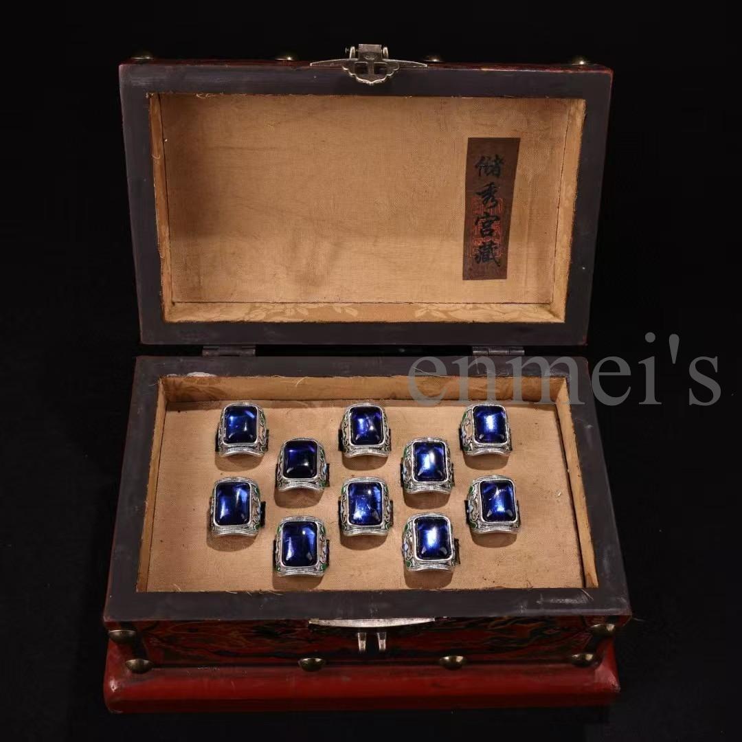 中国古美術・青色宝石風シルバーリング10個セット（1箱）・工芸品・装飾品・箱付