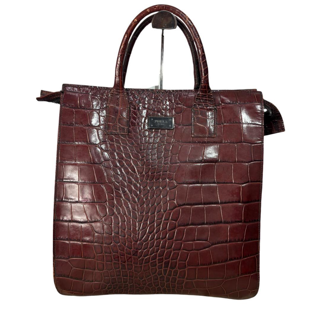 FURLA　vomo クロコ型押し トートバッグ 大容量 ボルドー　フルラ
