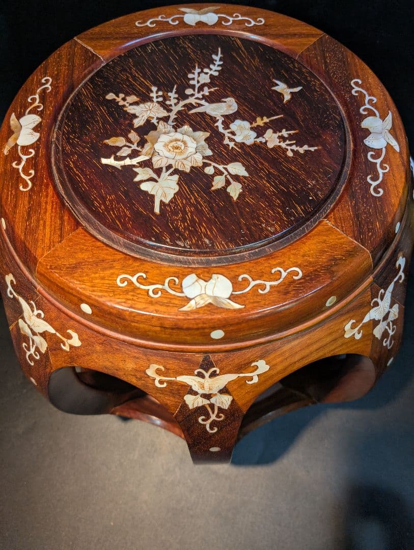 螺鈿 細工 唐木 花梨 花台 丸椅子 スツール 高級家具 中国美術 李朝 飾り台