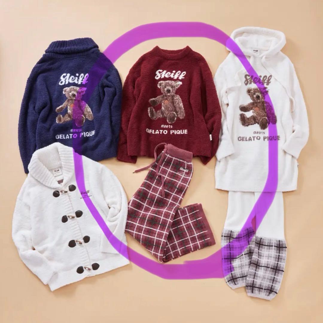 ジェラートピケ シュタイフ プルオーバー＆チェック柄ロングパンツセット 赤